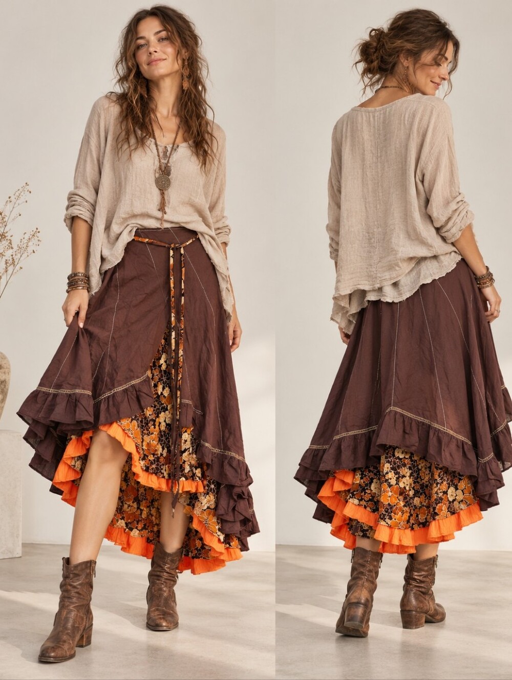 NWT Coco & Tashi Layered Boho Midi Skirt Size 10 Floral Lace Lining Ruffle